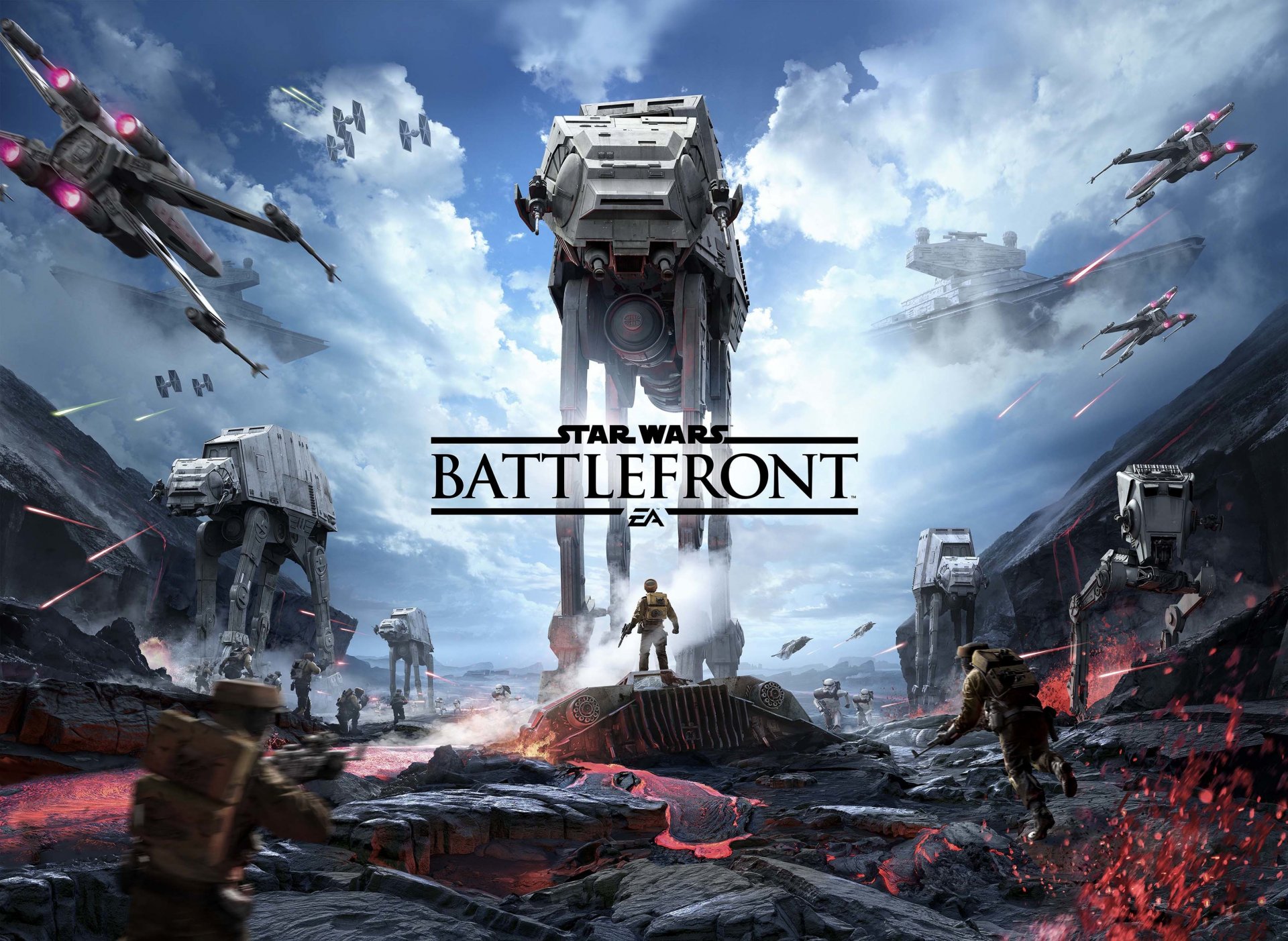 tar wars: battlefront batalla explosiones soldados cielo nubes lava logo logo ea dice electronic art