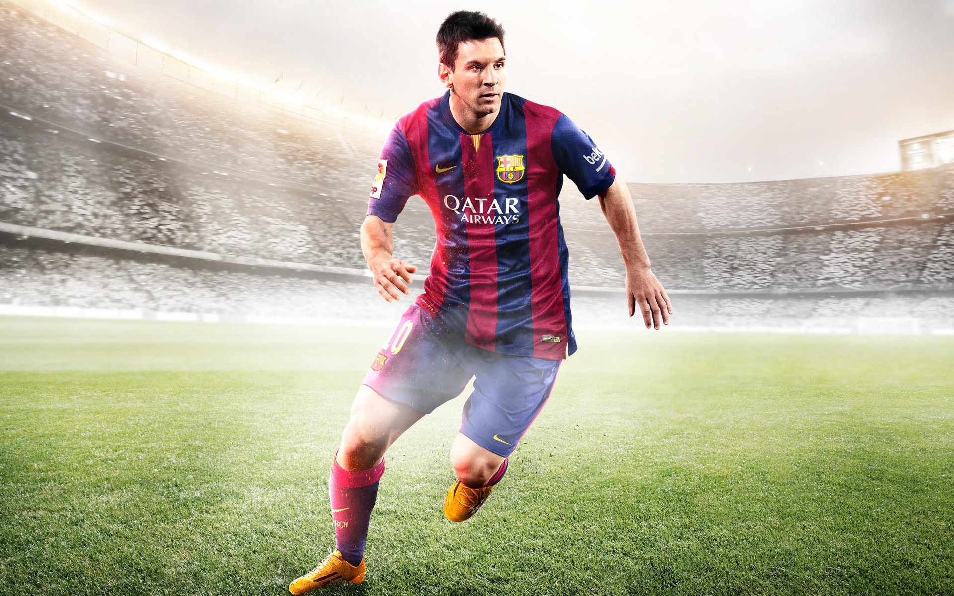 fifa 15 electronic arts fifa messi footballeur stade uniforme lumière champs nike ciel nuages fumée drapeaux herbe