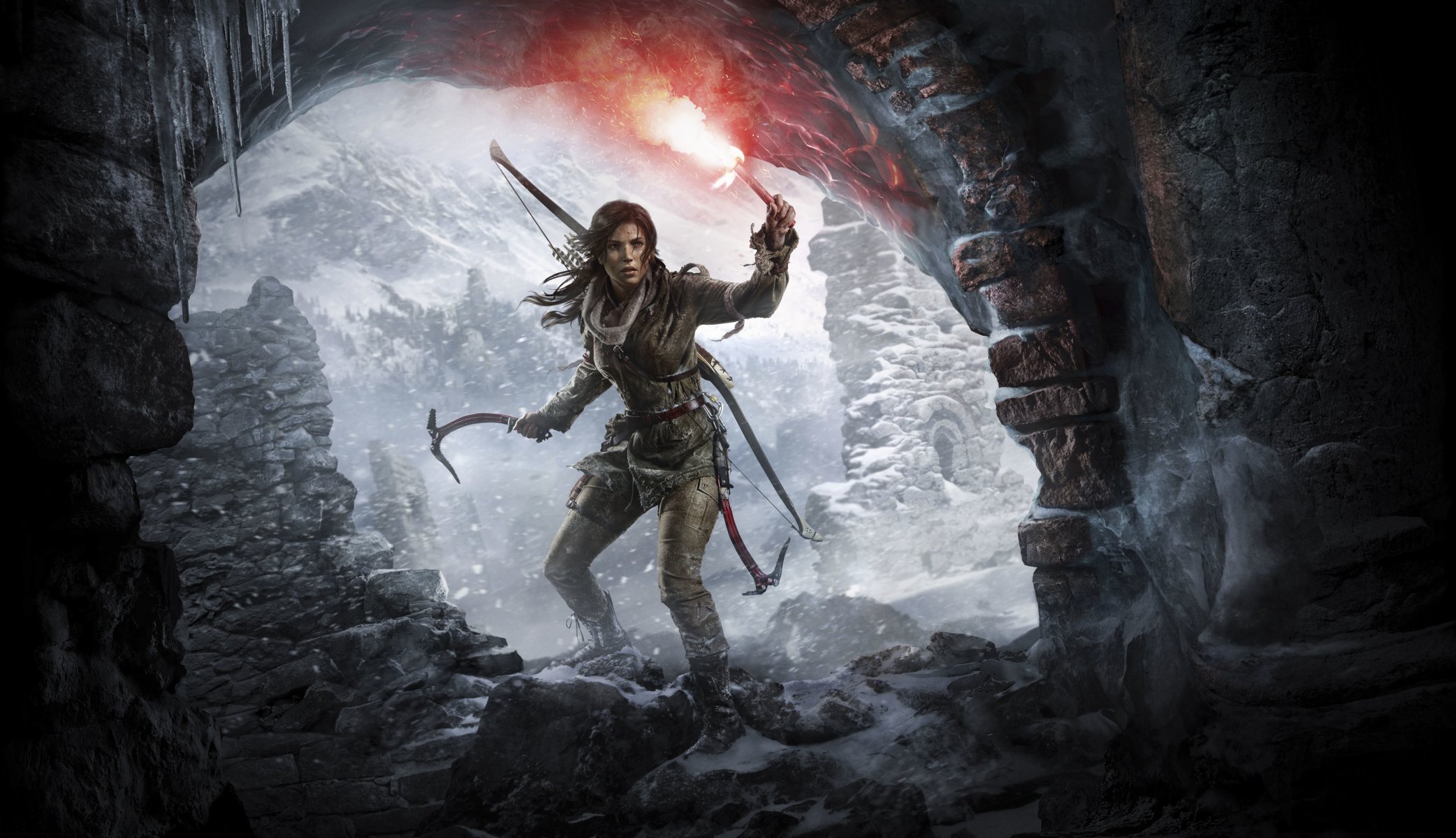 elevación: tomb raider lara croft arte montañas nieve piolet arco chica antorcha pechera