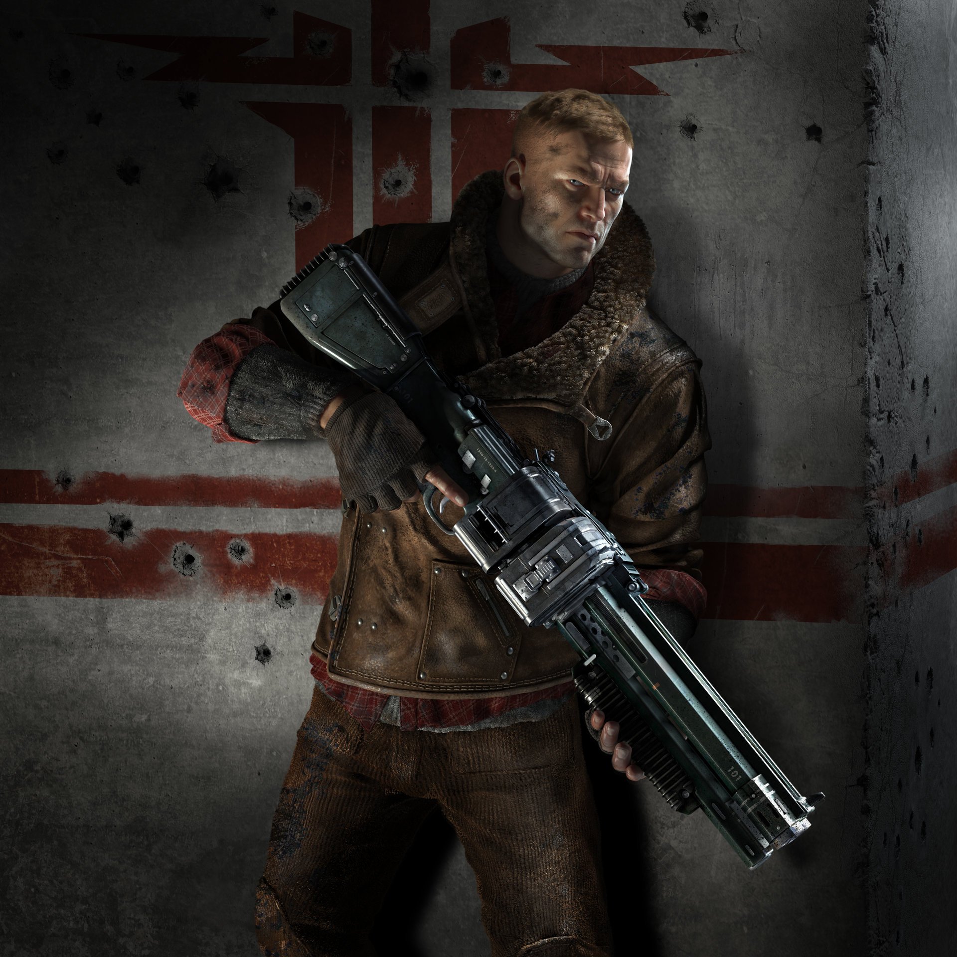 wolfenstein: nuovo ordine wolfenstein: nuovo ordine uomo sguardo protagonista william blazhkovich bj bj armi guanti giacca fango muro machinegames bethesda game studio