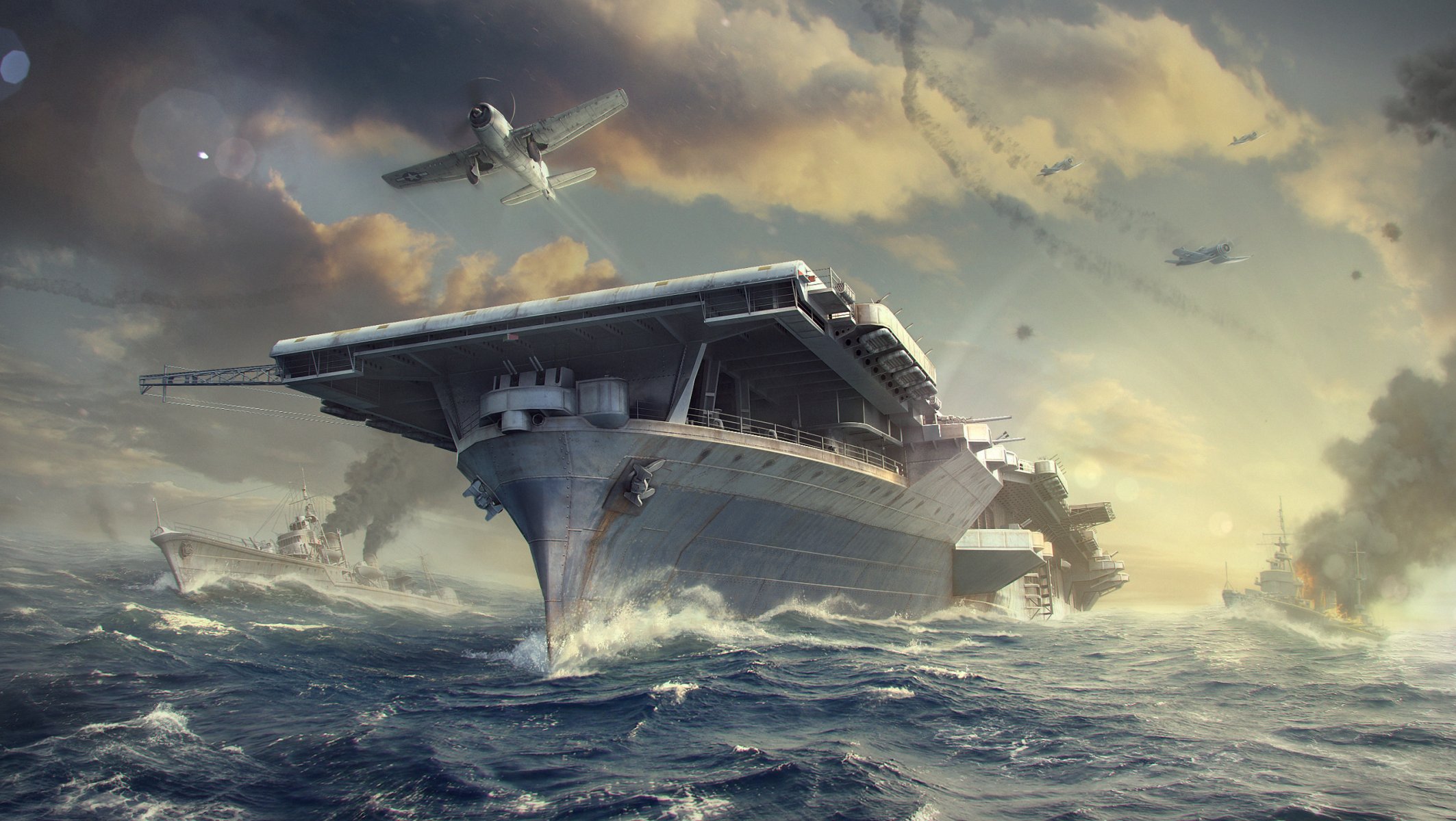 navi da guerra del mondo wargaming netto colpisce navi del mondo wg fiamme fumo acqua navi nave onde cielo nuvole aerei portaerei