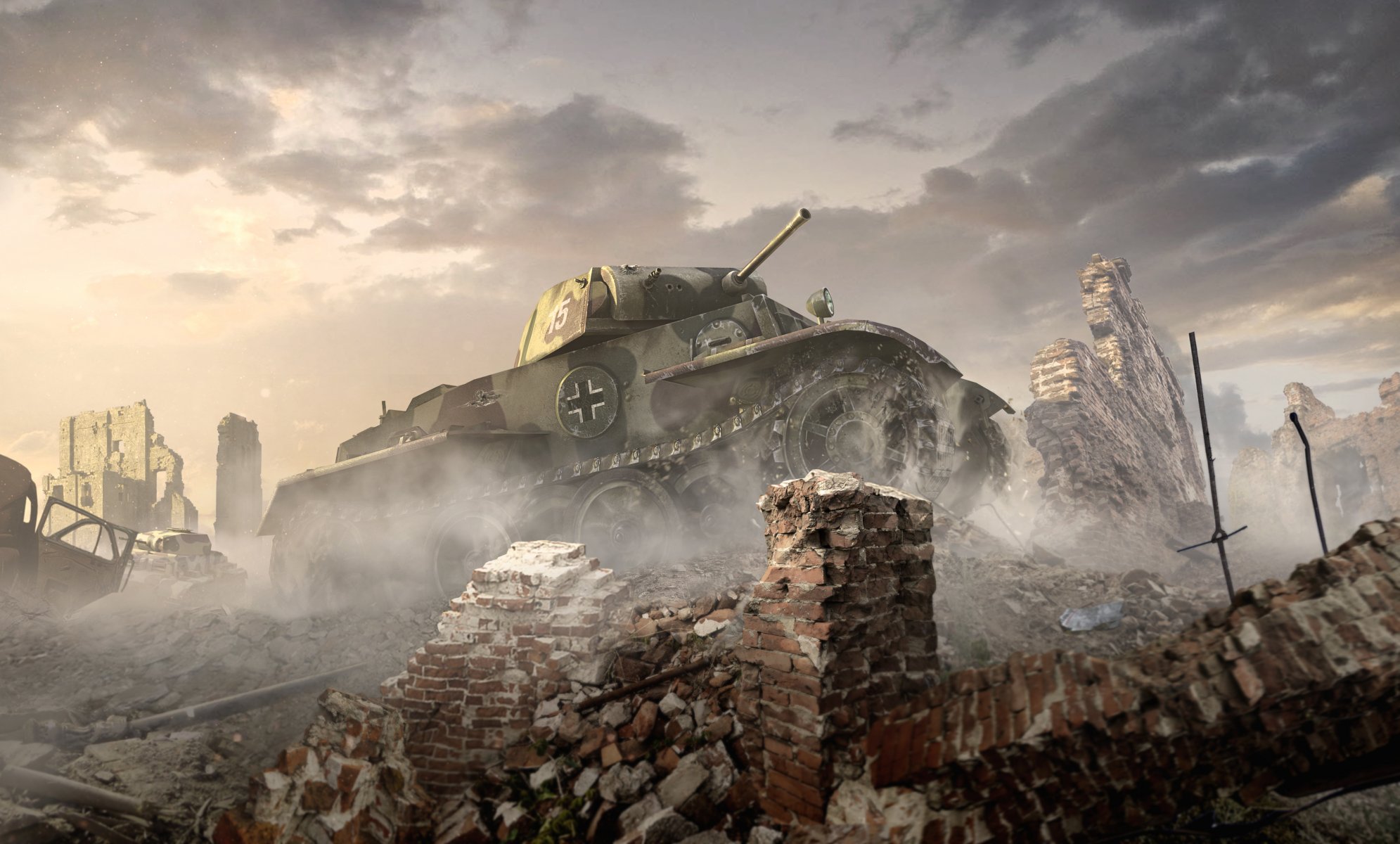 world of tanks: xbox 360 edition world of tanks wargaming net wot wp pz.kpfw . ii ausf . j art camouflage tronc fer nuages ciel poussière fumée ruines