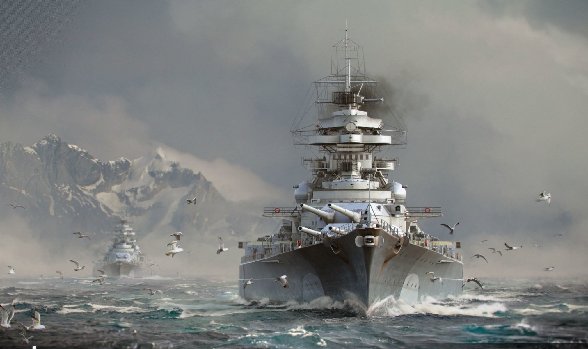 welt kriegsschiffe wargaming net erstaunt weltschiffe wg schiffe schiff wellen himmel wolken möwen berge schnee rauch wasser meer schlachtschiff bismarck