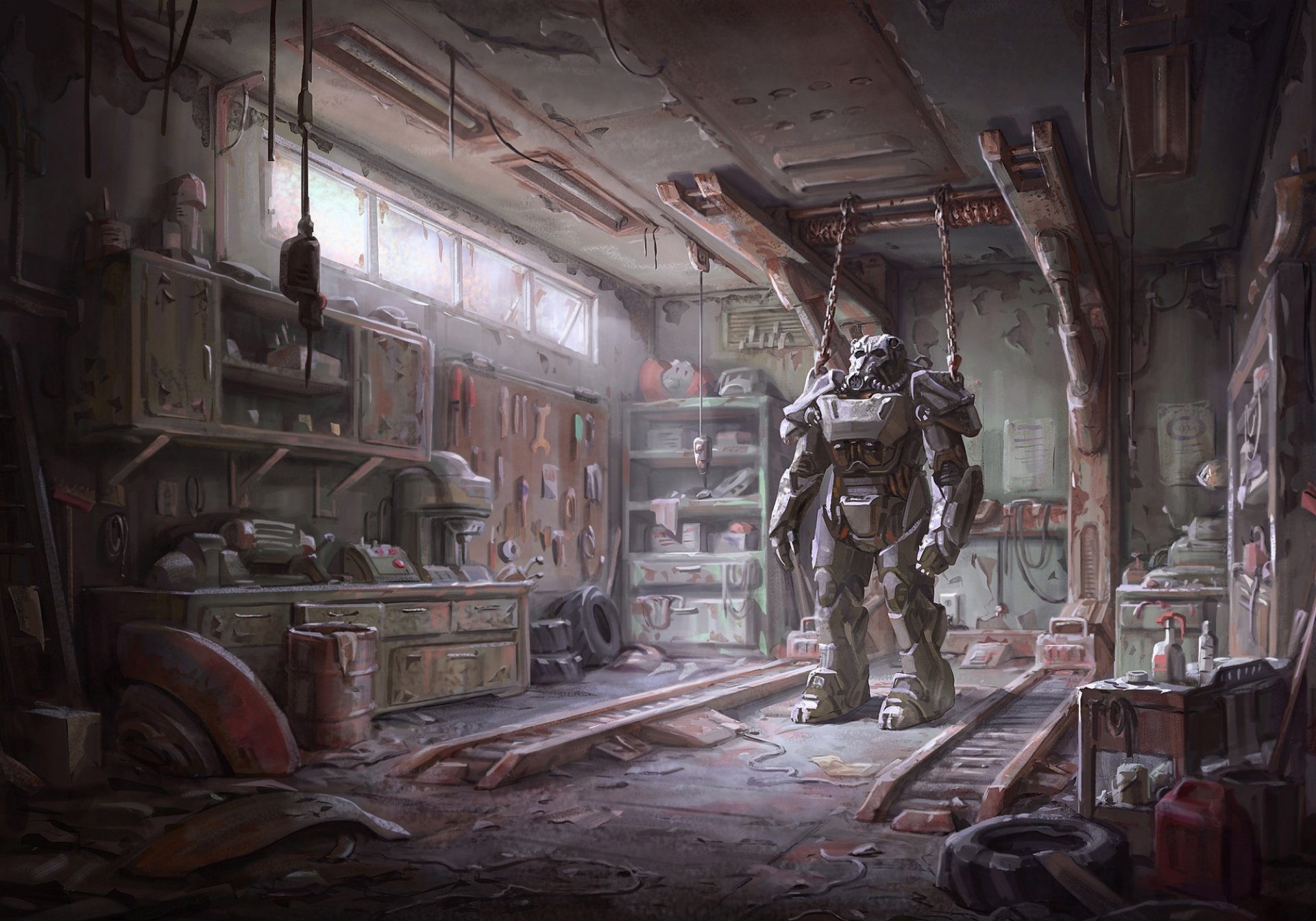 fallout 4 bethesda game studios bethesda softworks силовая броня гараж мастерская апокалипсис пустошь инструменты броня экипировка здание бостон сша арт bethesda