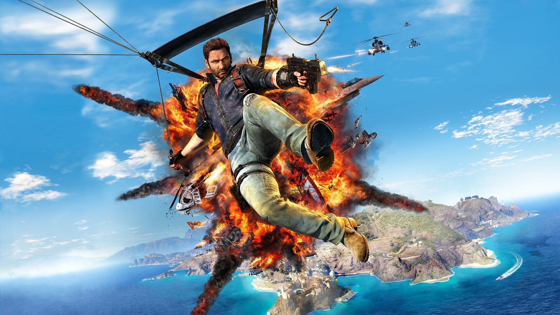 just cause 3 combat crochet arme île eau ciel avion maisons avalanche studios square enix