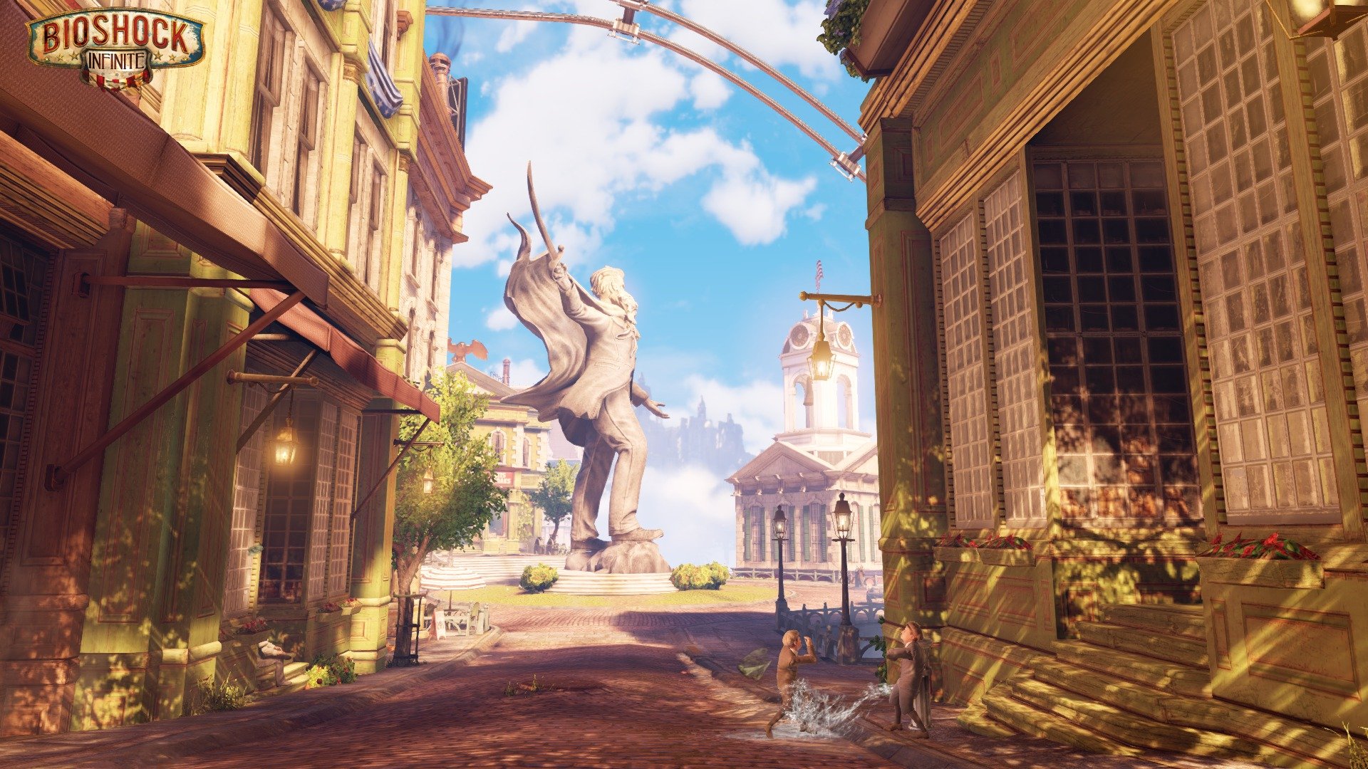 bioshock infinite gioco città acqua statua case cespugli strada