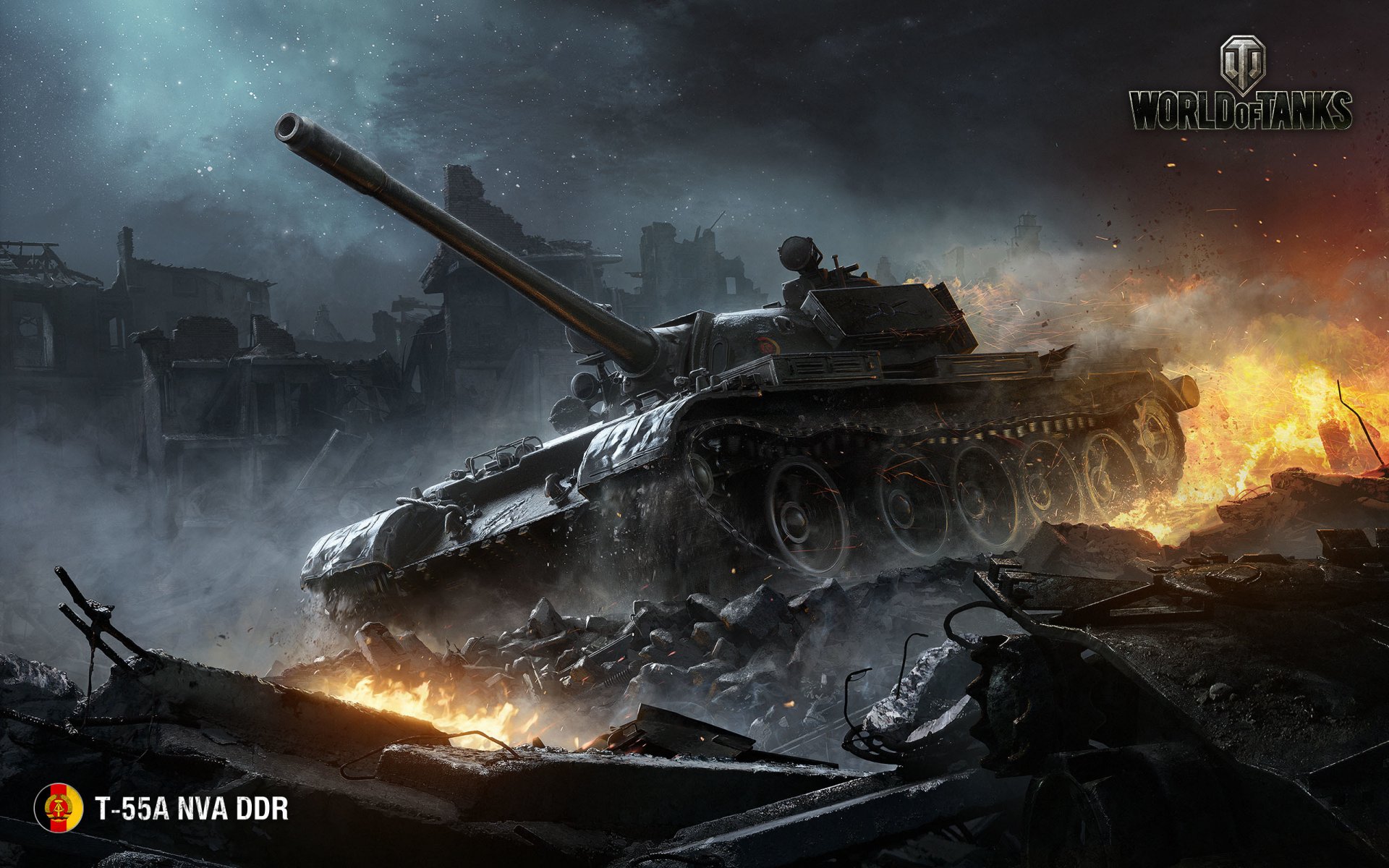 world of tanks wargaming netto wot wp t-55a nva ddr czołgi średnie płomień ogień dym zapał lufa żelazo iskry budynek niebo chmury zbiornik domy ruiny wrak gwiazdy lbz