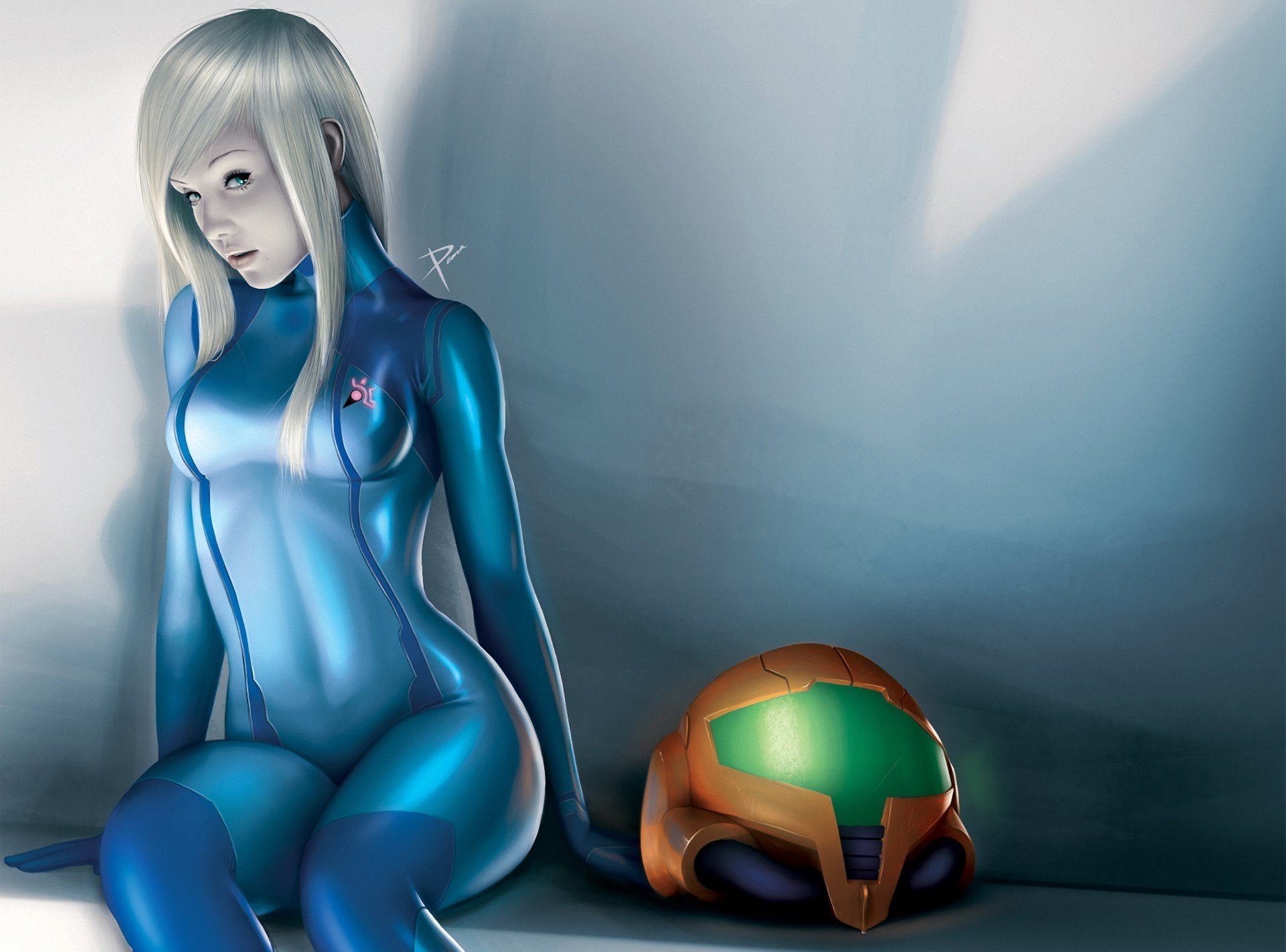 arte metroid zero tuta samus ragazza casco tuta seduta