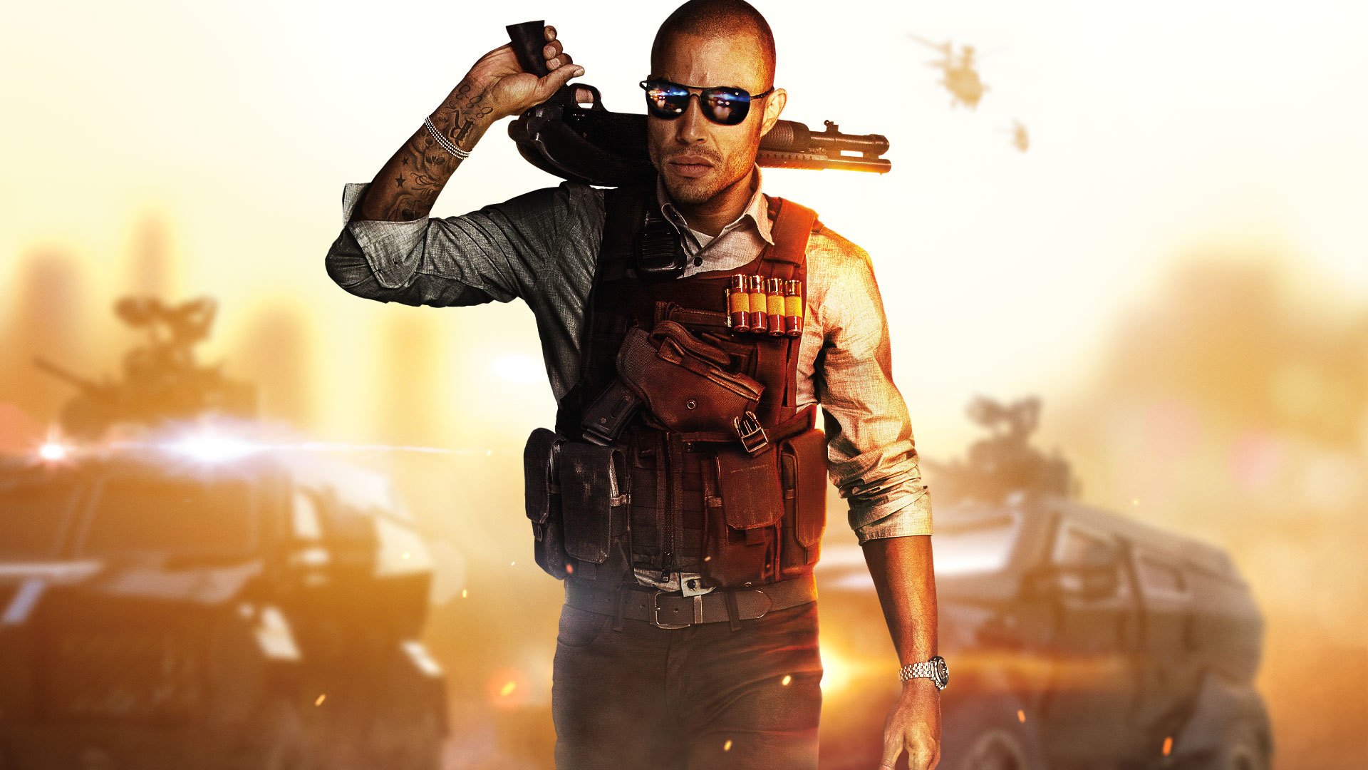 battlefield hardline polizist polizist polizei hände brille waffe schrotflinte tattoo kugelsichere weste pistole gepanzerte fahrzeuge visceral games elektronische kunst