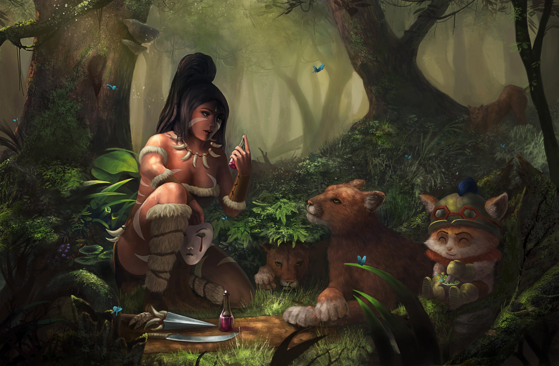 art ligue légende nidalee fille forêt bêtes bulle potion chats lames masque papillons buissons