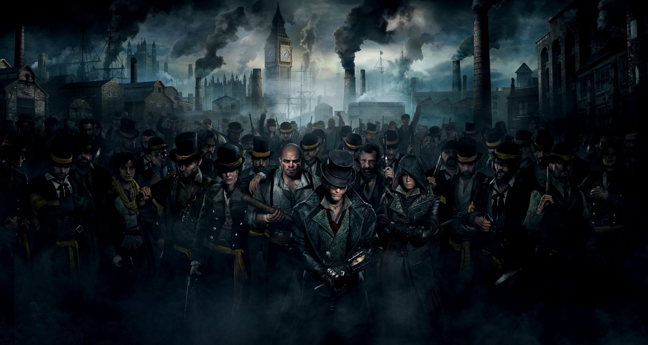 assassin s creed: syndicate assassins killer hats people gang smoke house crowd big ben of the tube the port weapon cane smile beard ubisoft quebec