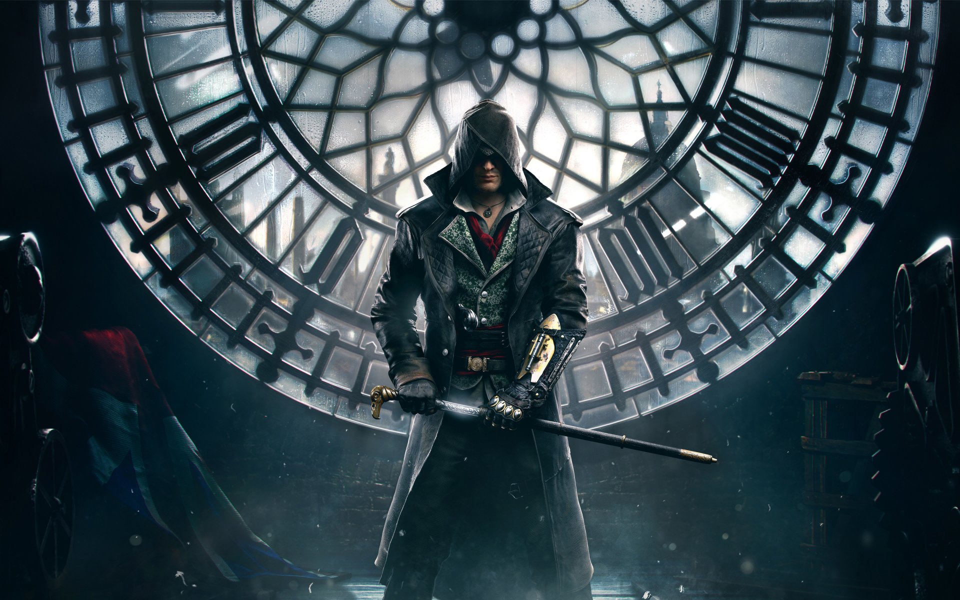 assassin s creed: syndicate assassin s creed syndicate london jacob fry jacob fry postać zabójca laska broń ostrze płaszcz kaptur wieża zegar