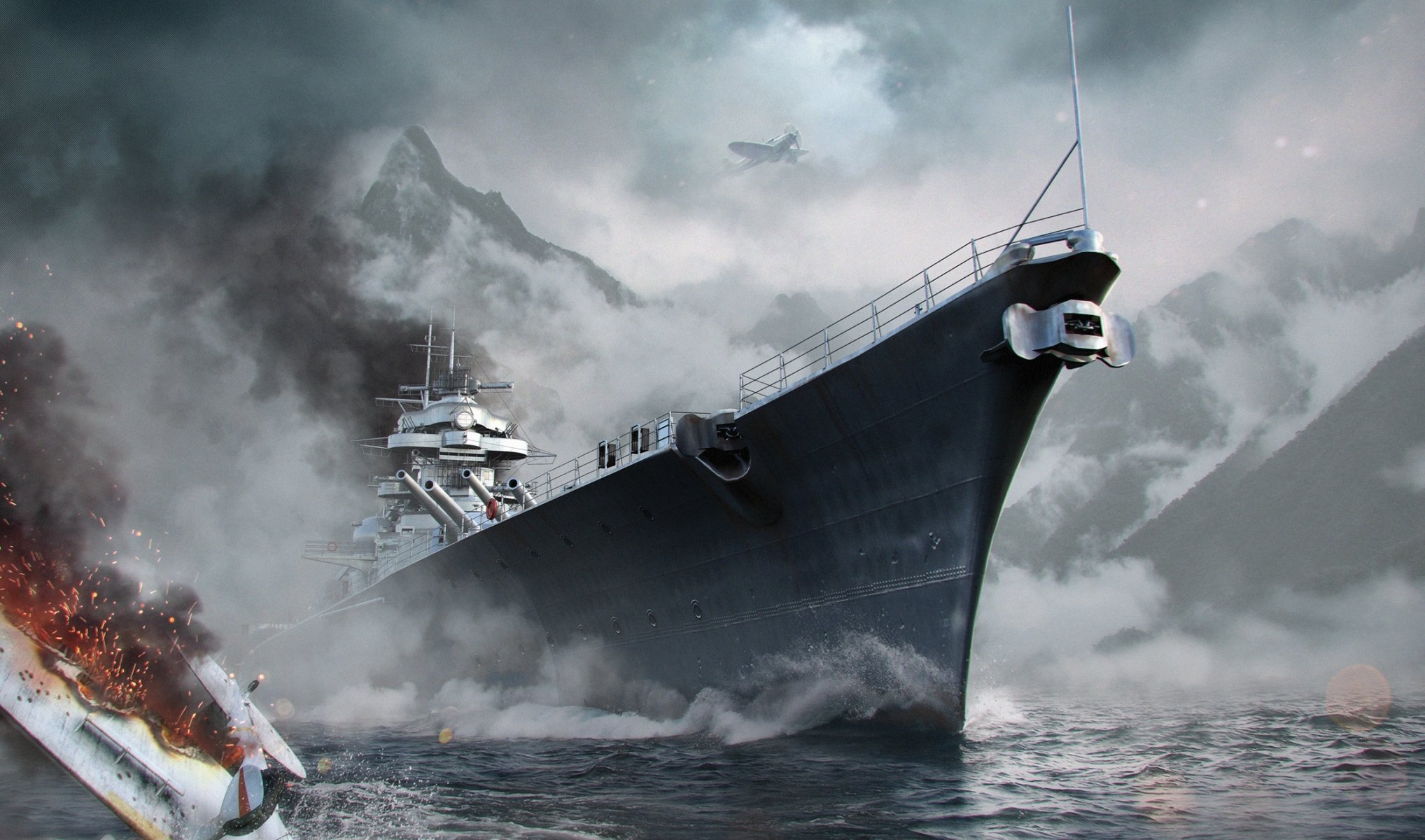 world of warships wargaming net wows ships world wg ship waves water sea mountain fog battleship bismarck