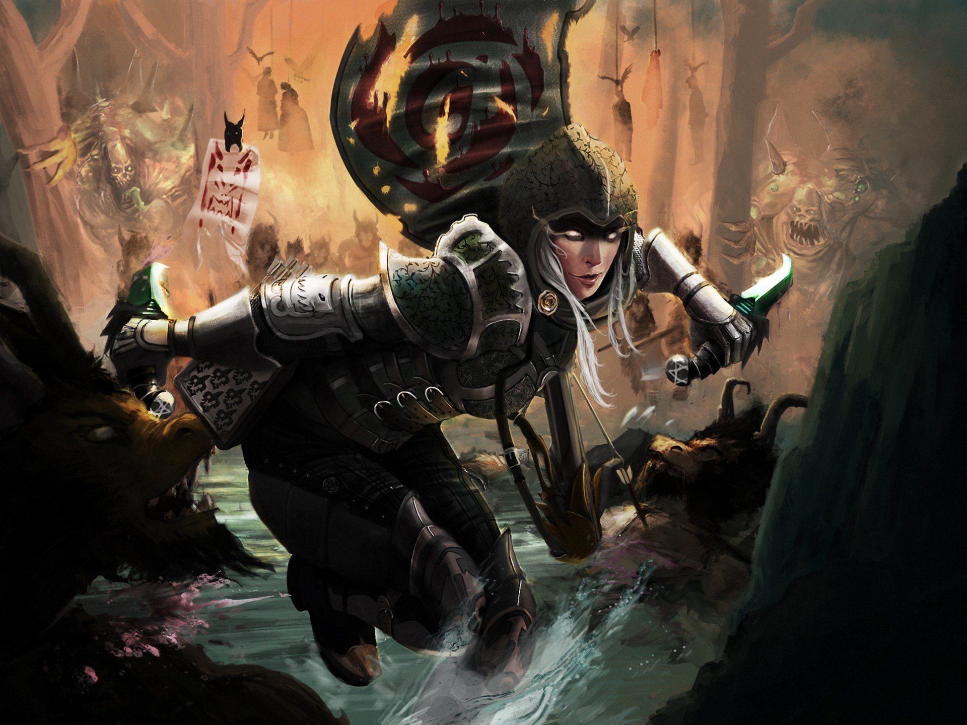 arte diablo iii demon hunter ragazza acqua ruscello foresta battaglia nemici coltelli