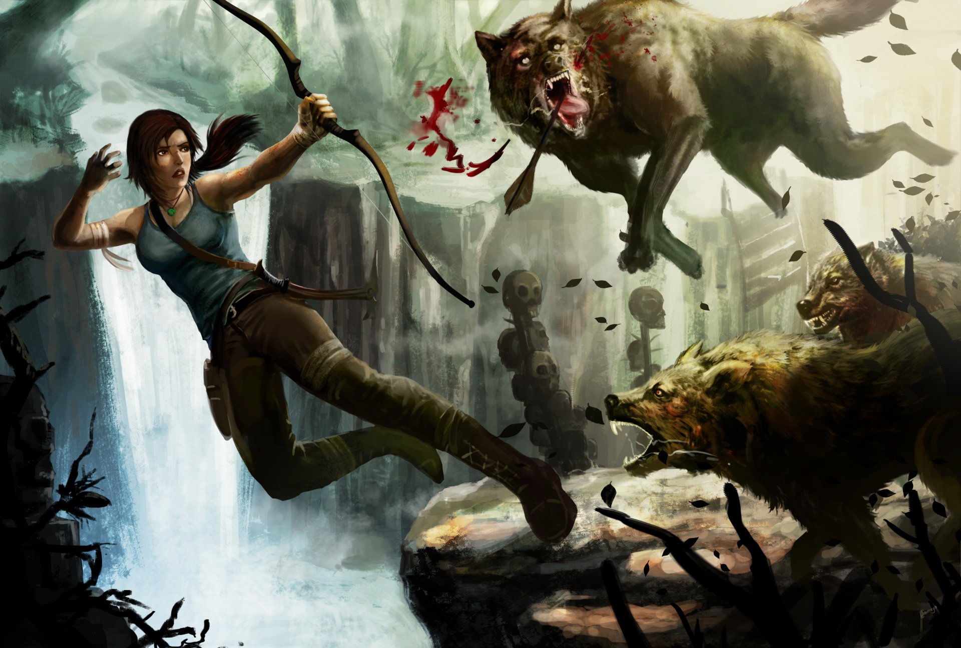 lara croft tomb raider art fille arc loups