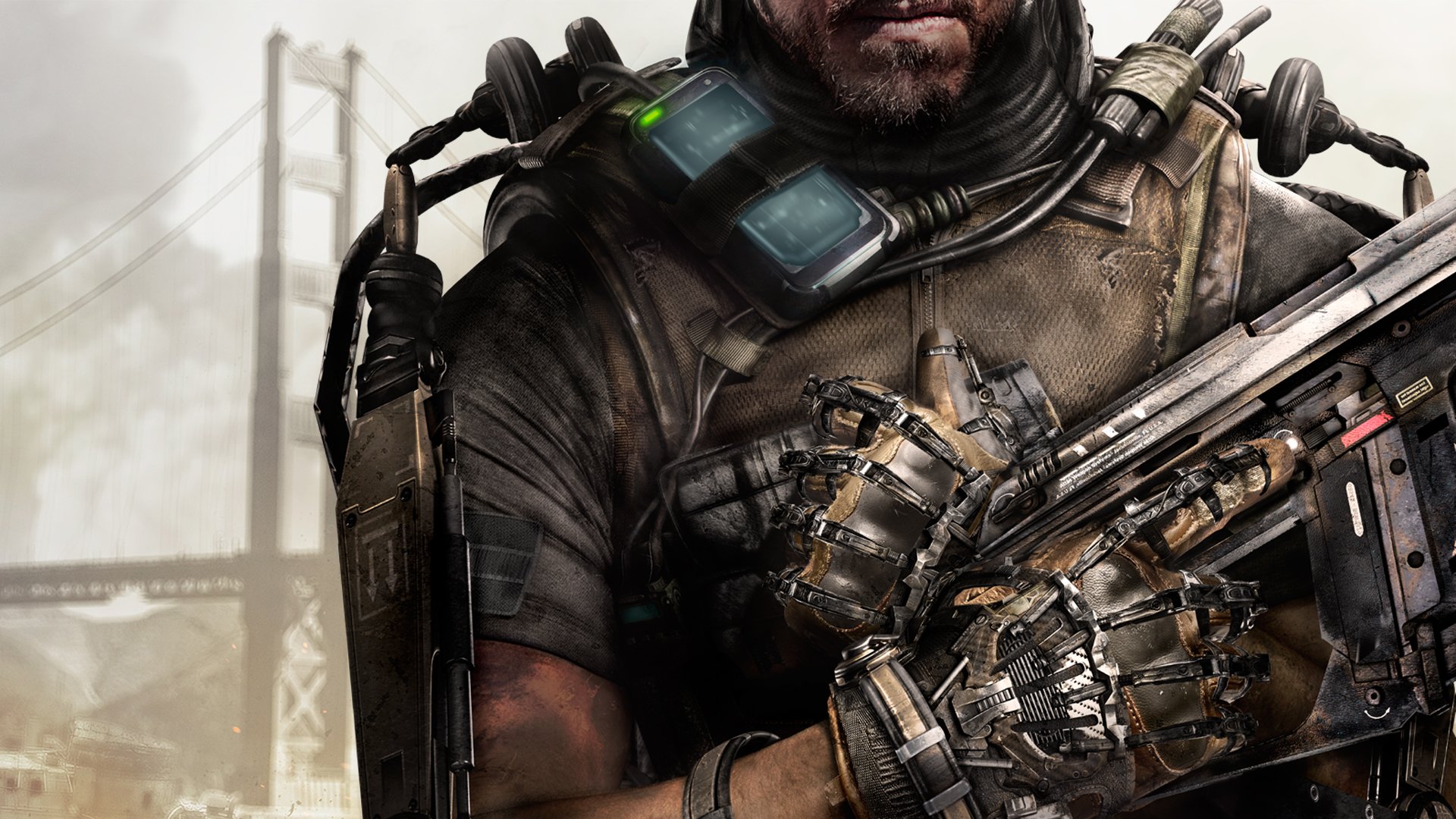 call of duty: advanced warfare soldat exoskelett rüstung waffe arm lippen bart brücke rauch kugelsichere weste sledgehammer games activision