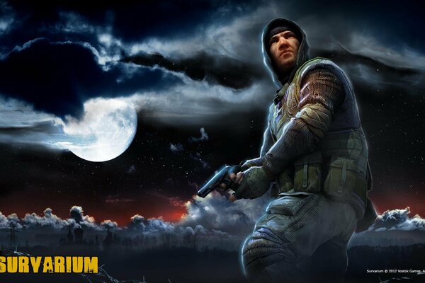 Survarium, un soldado con armas contra el fondo del cielo nocturno lunar