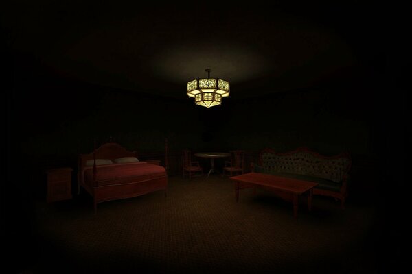 Gloomy room with a bed and a chandelier