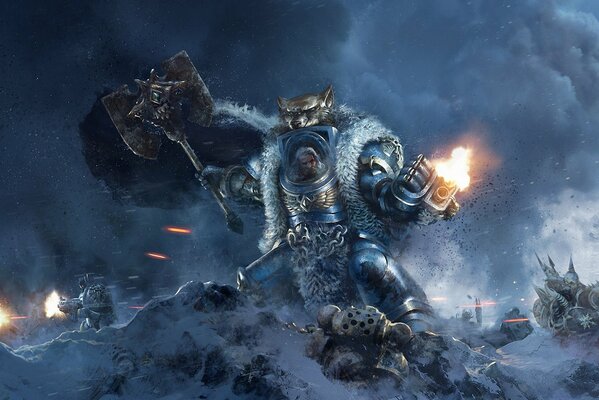 Warhammer 40K battaglia sulla neve in armatura con la testa di lupo