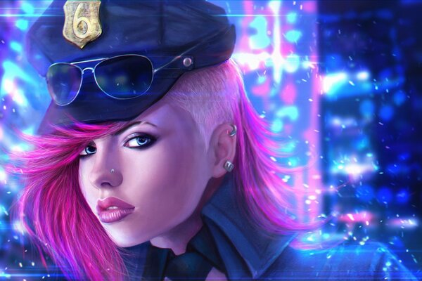 Girl officer with pink hair