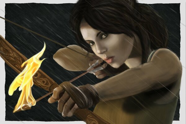 Lara Croft spara una freccia di fuoco con il suo arco