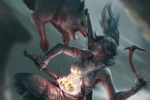 Una chica sostiene una antorcha y lucha contra un lobo