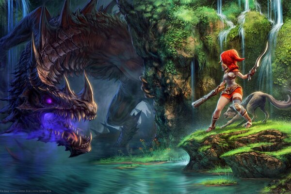 A dragon and a girl with a wolf at a waterfall