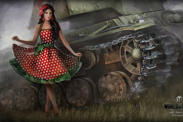 Dziewczyna w czerwonej sukience w kropki na tle czołgu