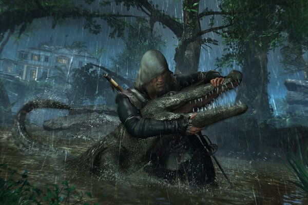 Edward Kenway combatte sotto la pioggia con un coccodrillo in una palude