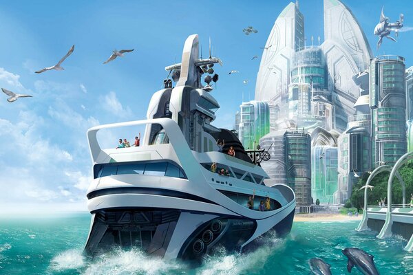 The yacht from the game Anno 2070 against the backdrop of the urban landscape