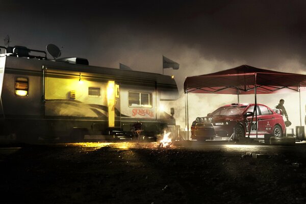 Dirt 2: coche de noche bajo el dosel