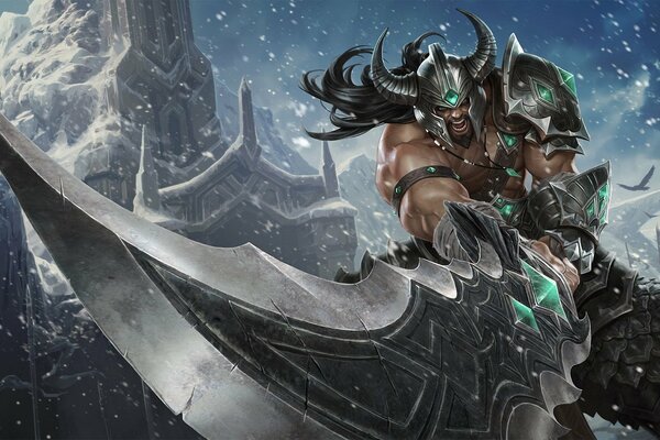 Fierce battle of the League of Legends warrior in the snow-covered rocks