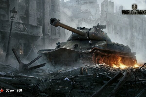 Screensaver of the game world of tanks tank at the destroyed buildings