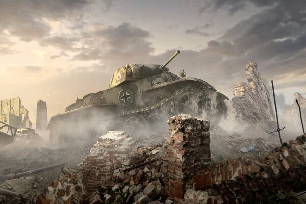 Art German tank on the ruins from the game World of Tanks