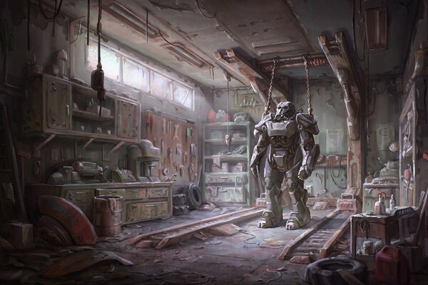 The hero of the game fallout 4 stands in an old ruined room
