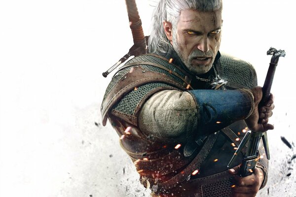 Le personnage du jeu The Witcher 3 chasse sauvage avec une épée