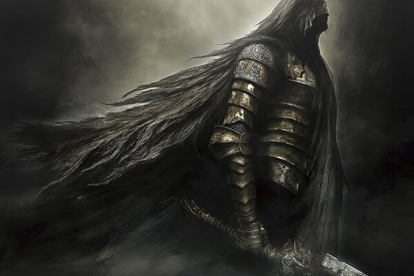 A gloomy character of the game Dark Souls with a sword in his hands against the background of black haze