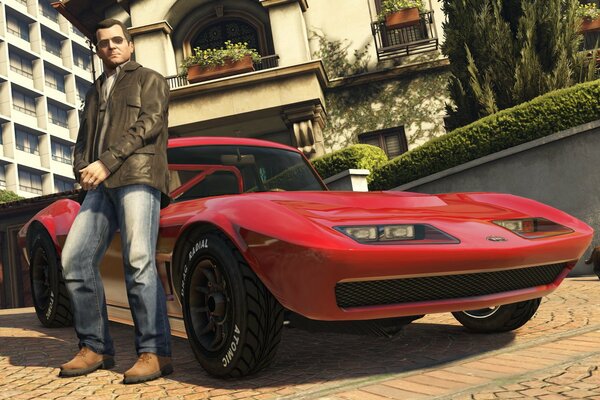 A frame from the gta game where a man is standing by his red car