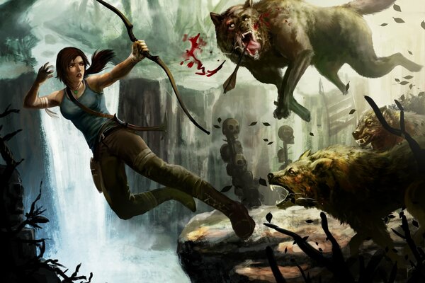 A girl falls off a cliff and shoots a wolf with an arrow
