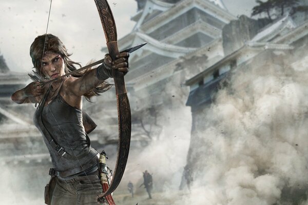 Art by Lara Croft, who aims with a bow