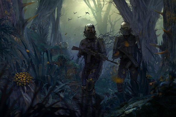 Two military men in a wild forest during the apocalypse