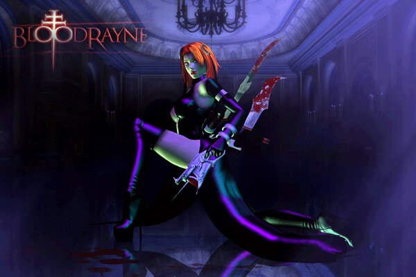 A vampire girl with red hair and a gun