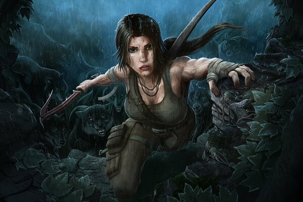 Lara Croft escalando las rocas