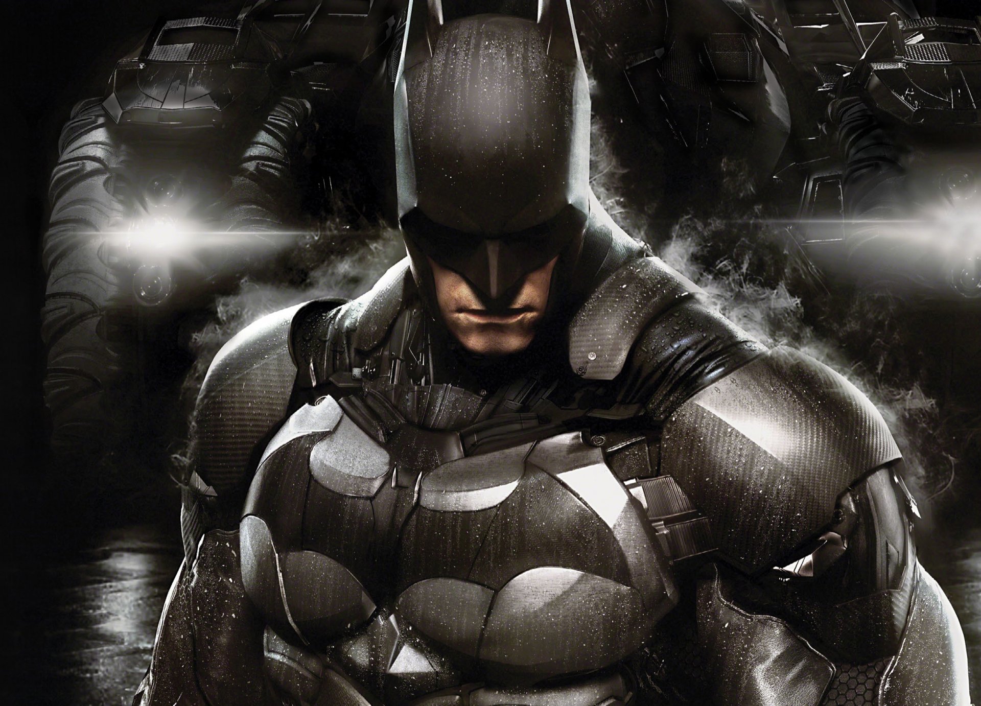 batman: arkham knight batman: arkham knight bruce wayne obrońca wojownik dym krople zbroja sprzęt reflektory batmobil rocksteady studios warner bros. interactive entertainment