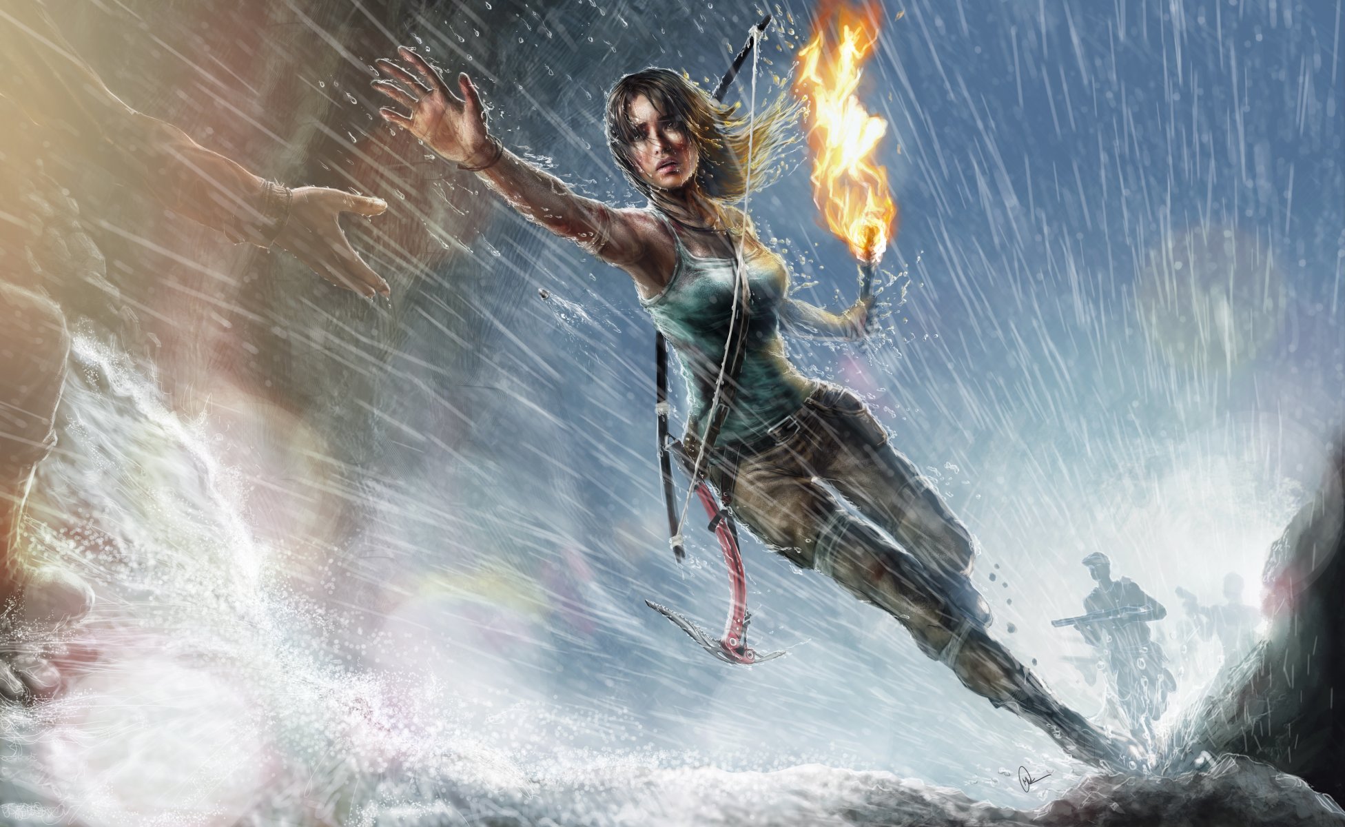 арт лара крофт tomb raider девушка бег факел рука дождь