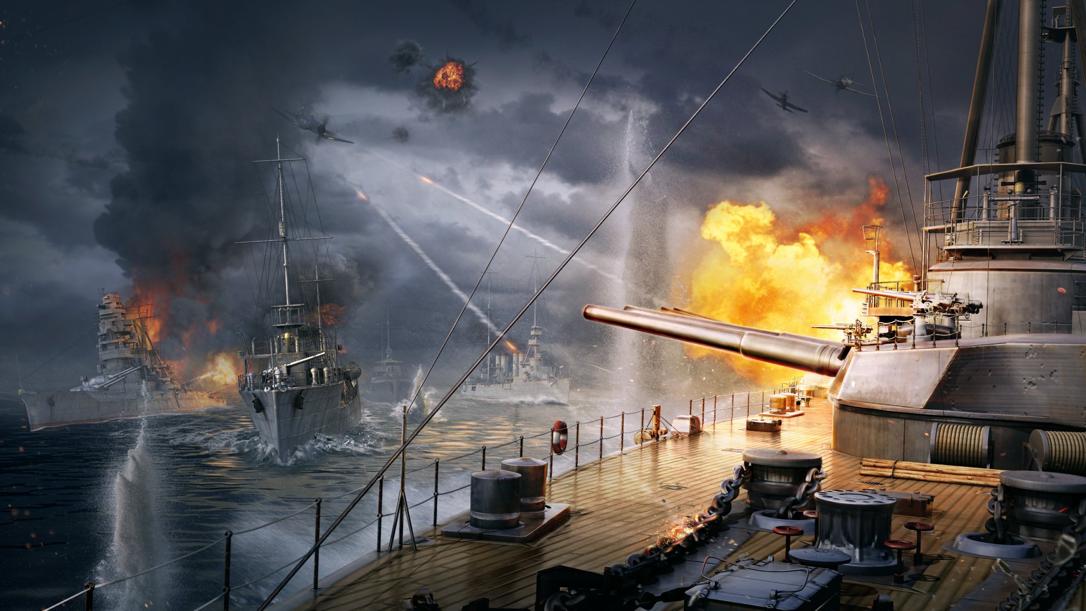 navires de guerre du monde wargaming net frappe navires du monde wp tir flamme feu fumée eau navires navire vagues ciel nuages baril fer