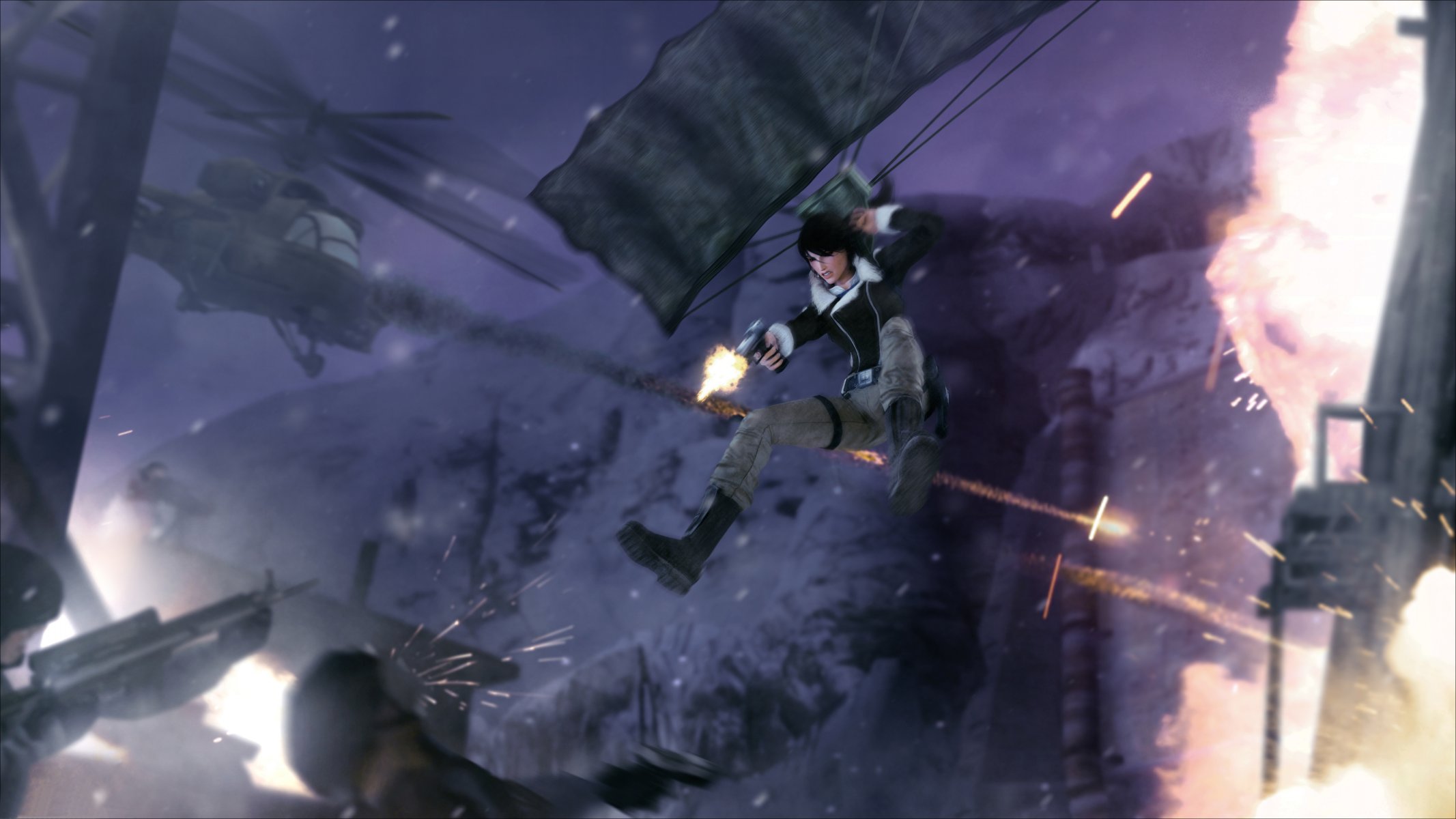 lara croft tomb raider parachute helicopters storm snow explosion