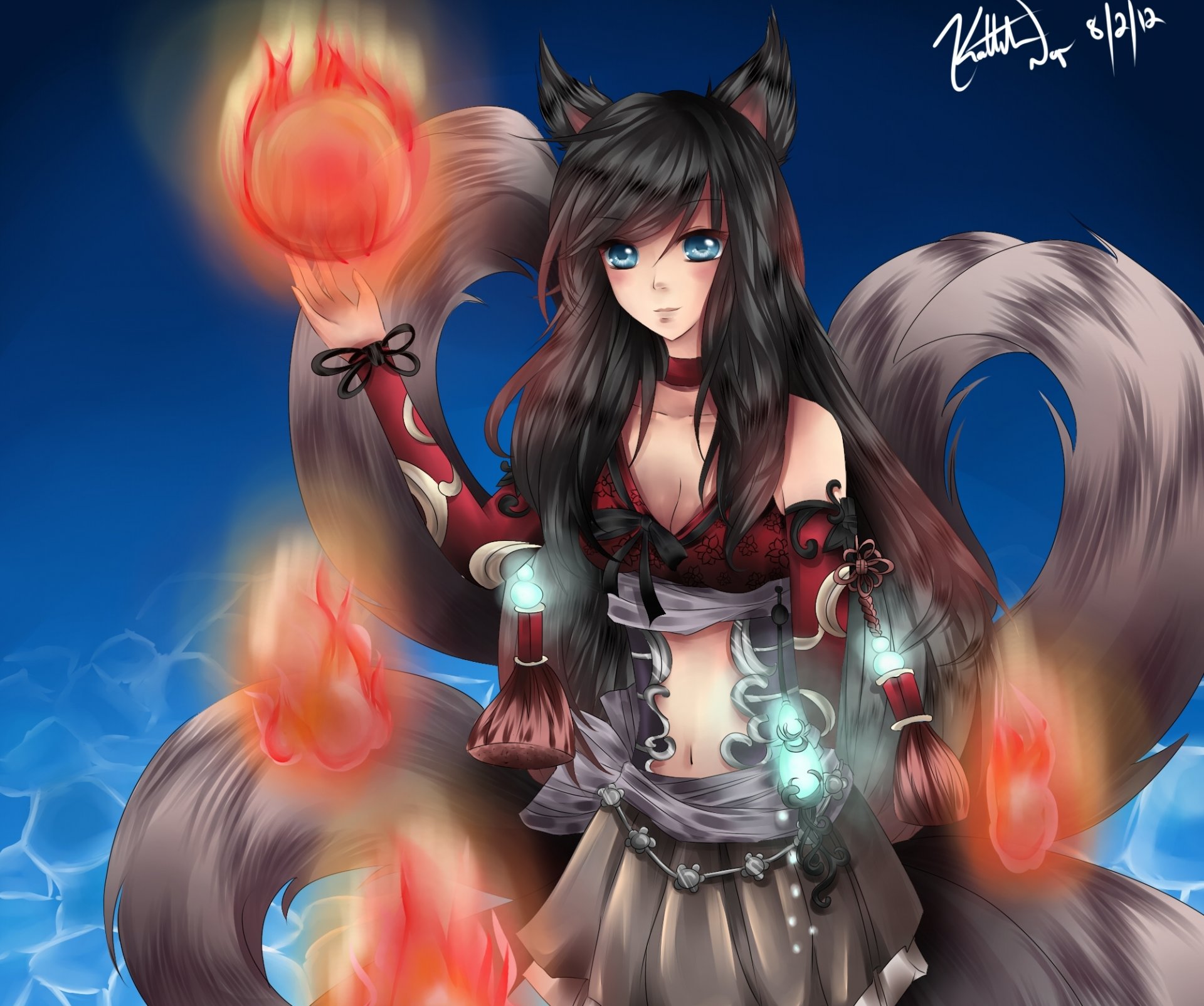 kunst niedlich-yukiko mädchen ahri blick fuchs ohren schwänze magie league of legends