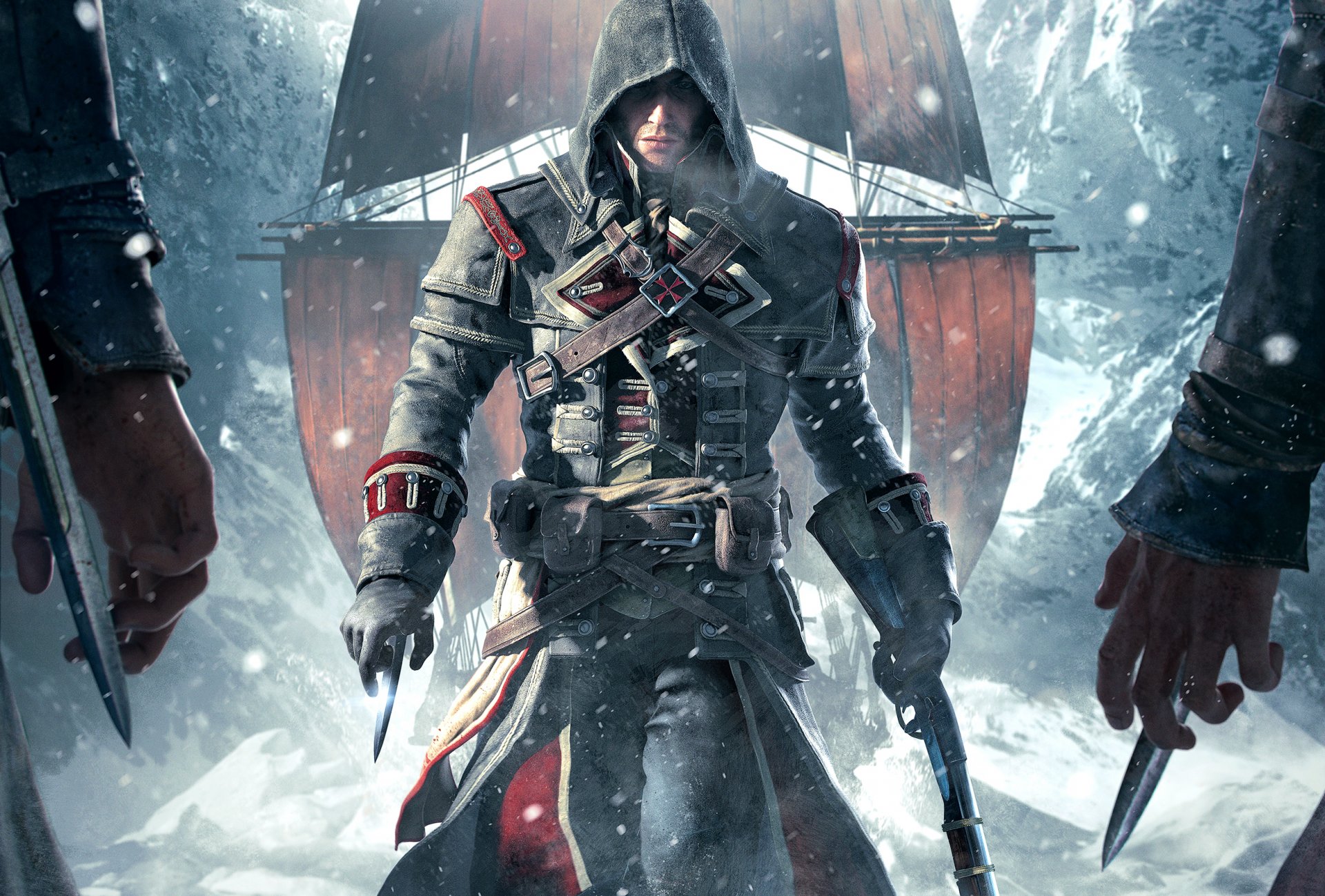 assassin s creed: łotrzyk templariusz shay patrick cormac zabójca śnieg żagle statek kaptur broń ręce ostrza ubisoft