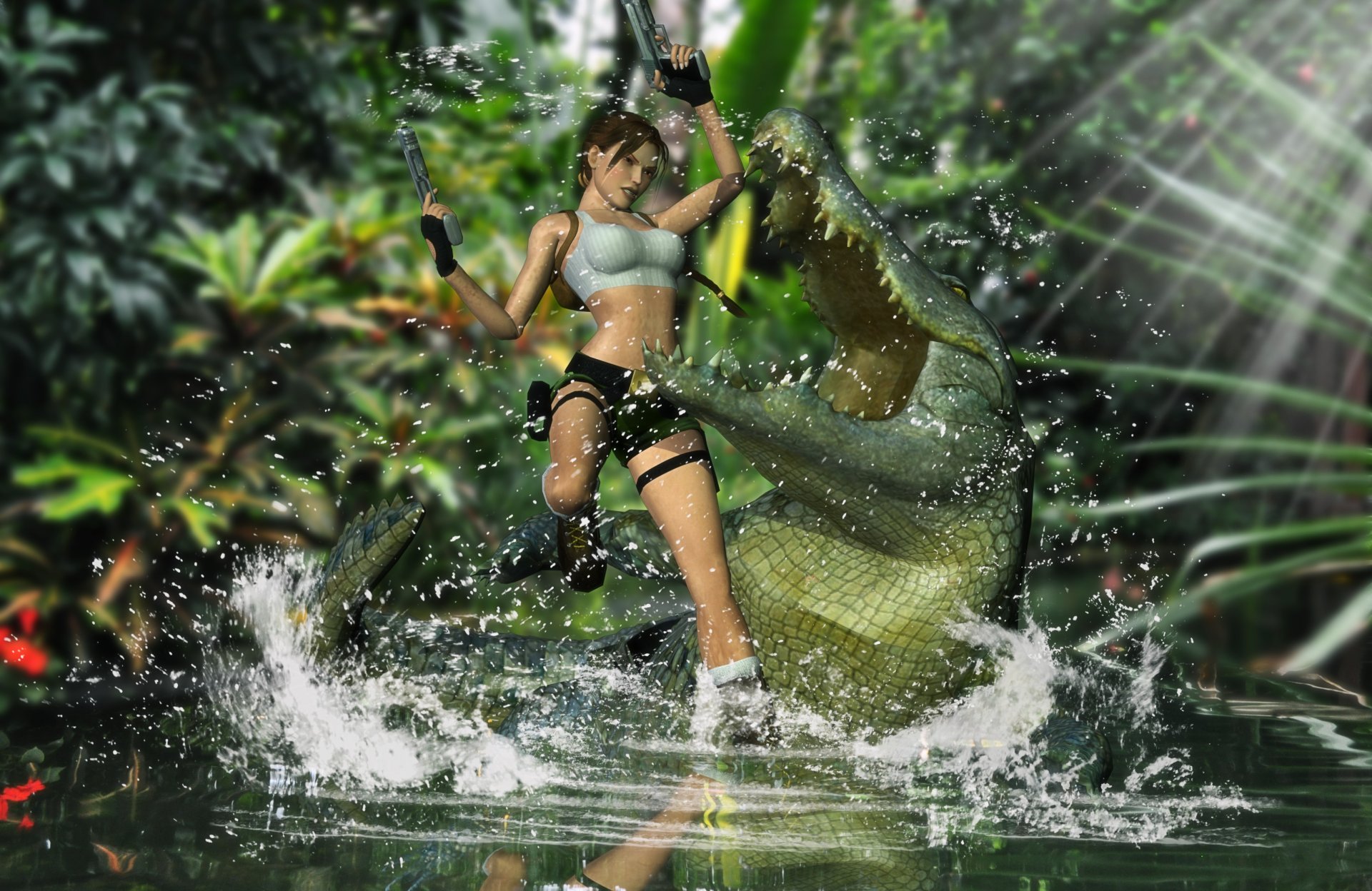 lara croft tomb raider girl guns water crocodile fall teeth attack